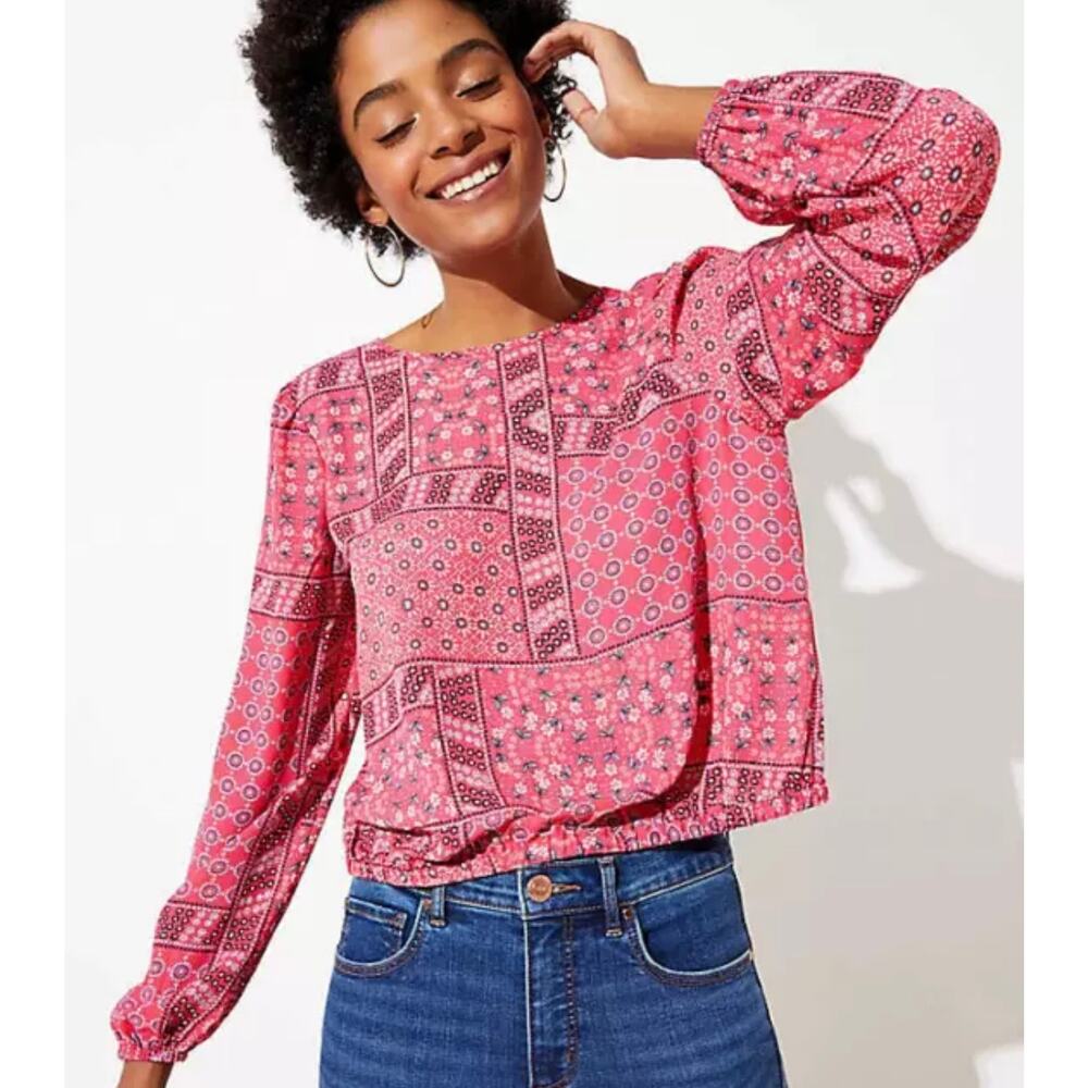 Loft Floral Mosaic V-Back Cropped Top Vibrant Azalea Medium
